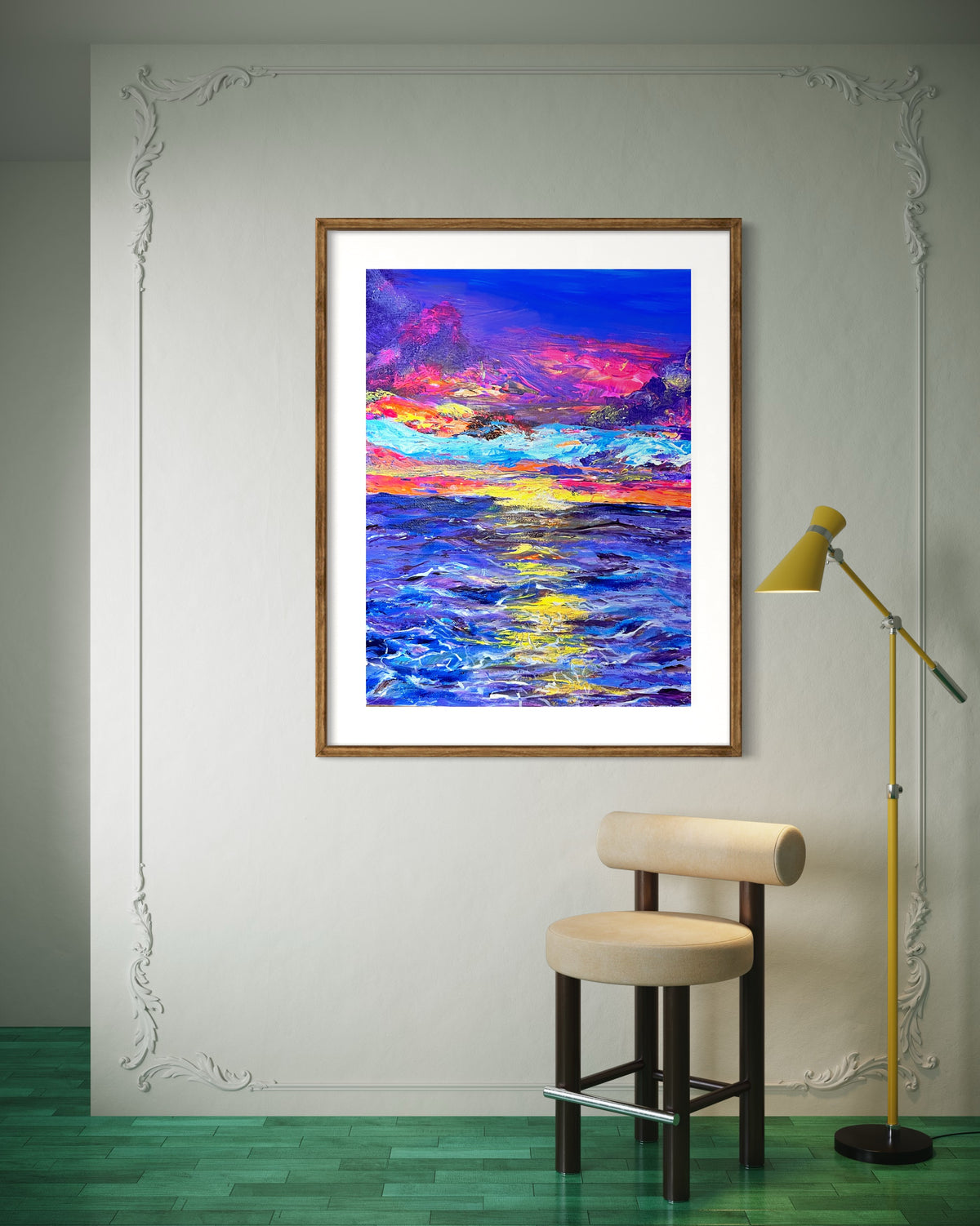 Framed abstract landscape wall art in a gold-toned frame with vivid blue and pink colors