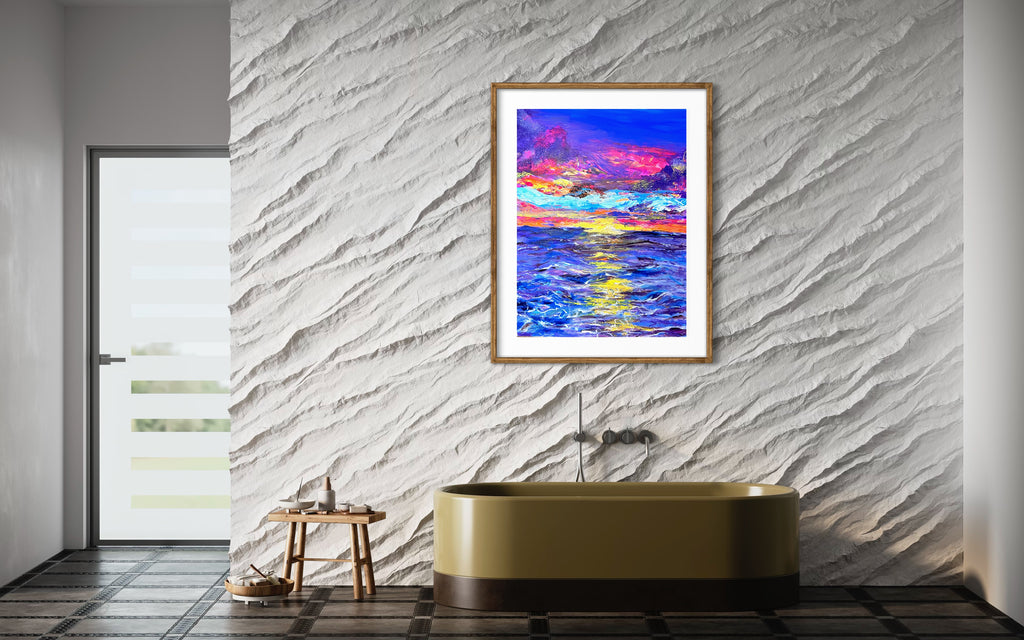 Framed abstract landscape wall art with gold frame and blue, magenta, and yellow brushwork