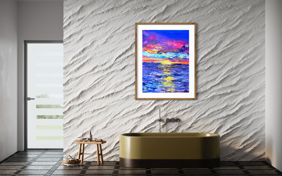 Framed abstract landscape wall art with gold frame and blue, magenta, and yellow brushwork