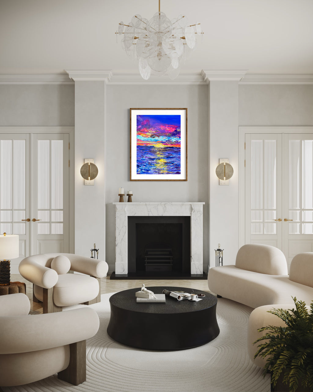 Framed abstract landscape wall art with gold frame, blue and pink wave-like color