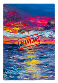 Abstract landscape wall art with red and blue colors and a 'SOLD' stamp