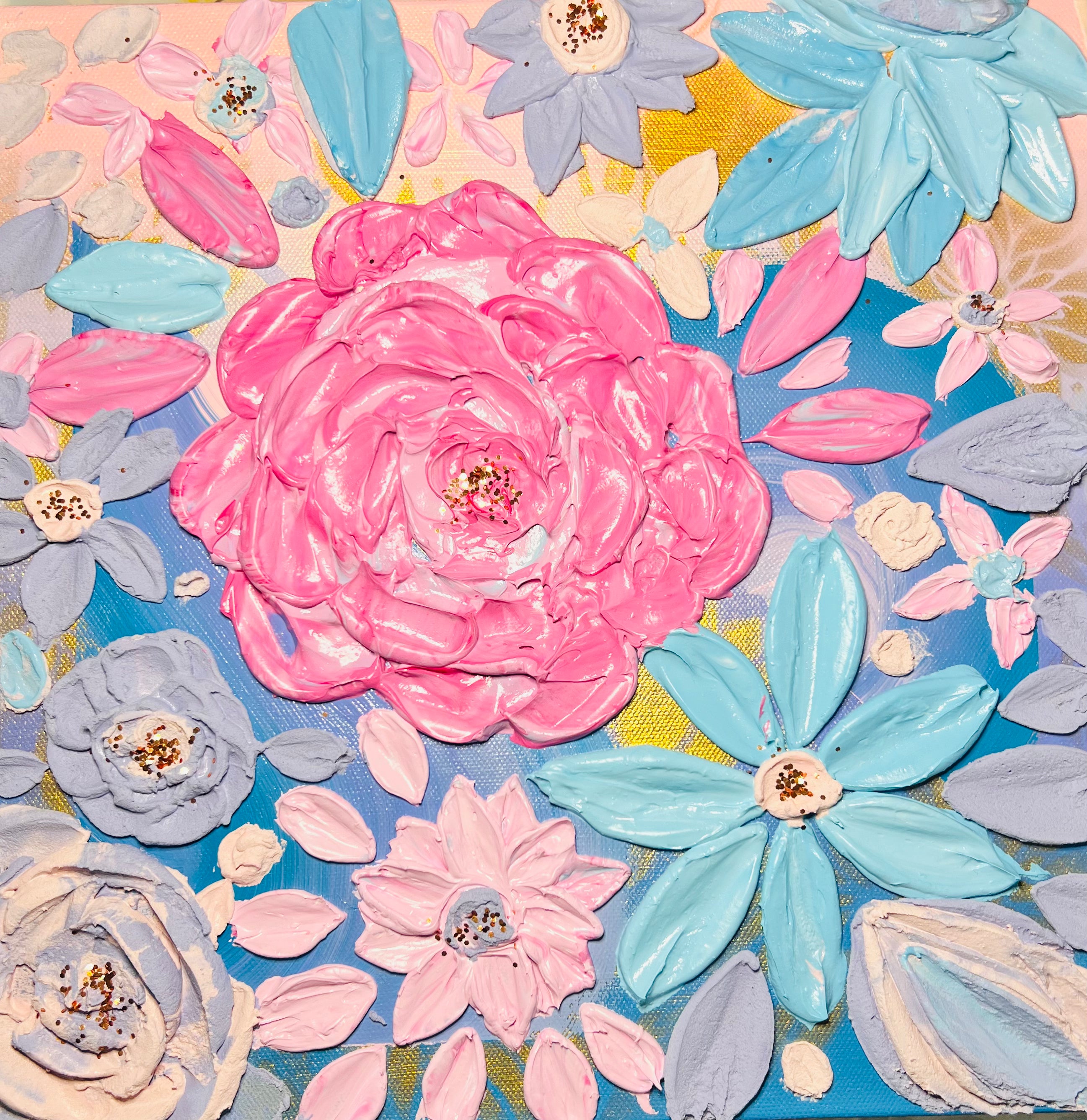 Framed floral wall art with thick pink and purple layered flowers on a blue background