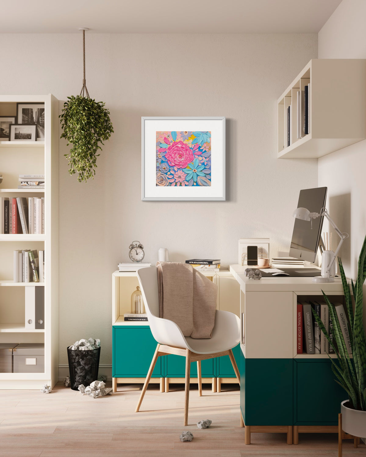 Framed square floral wall art featuring thick pink and purple flowers with blue accents