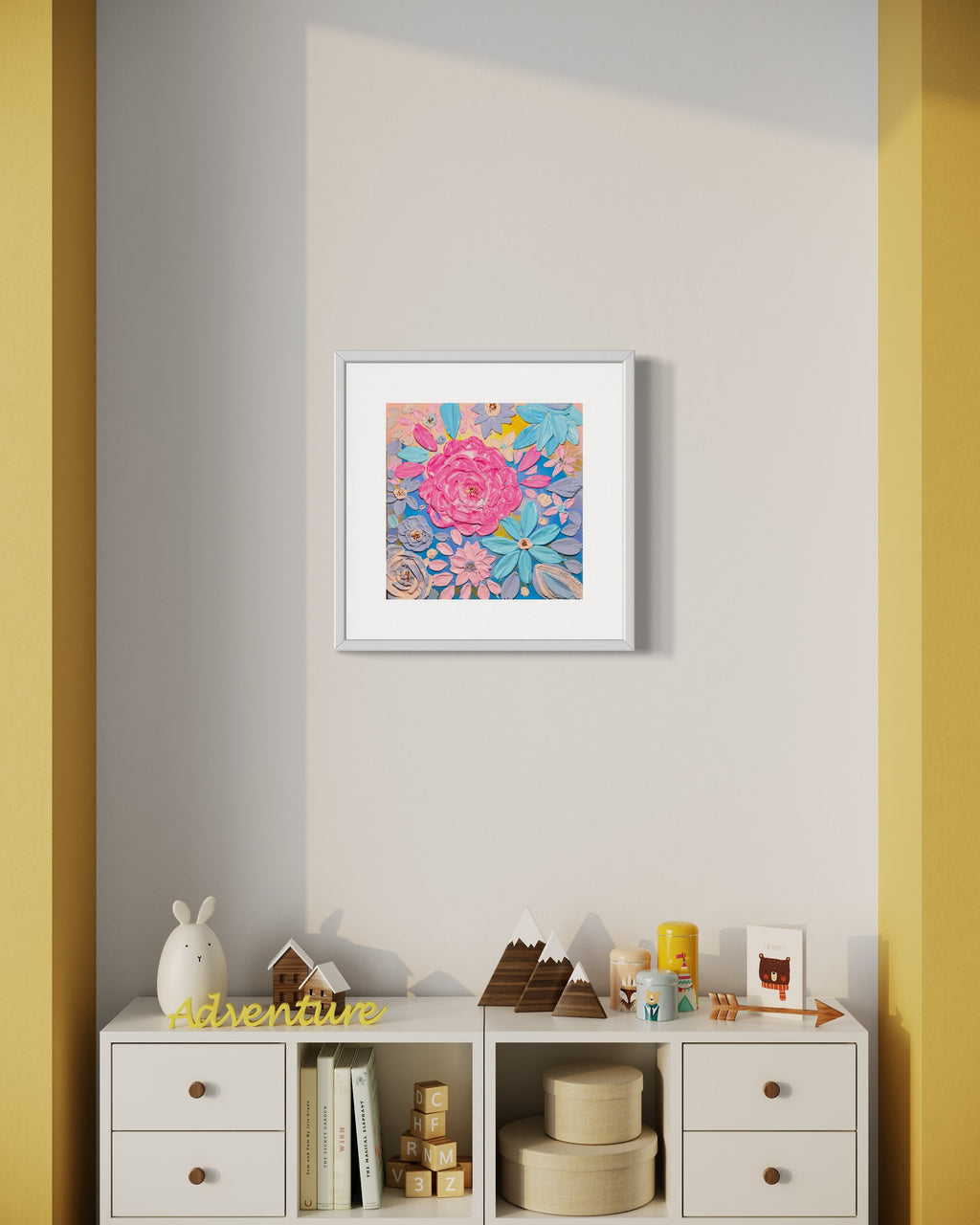 Framed square floral artwork with thick pink and purple rose details and blue petals