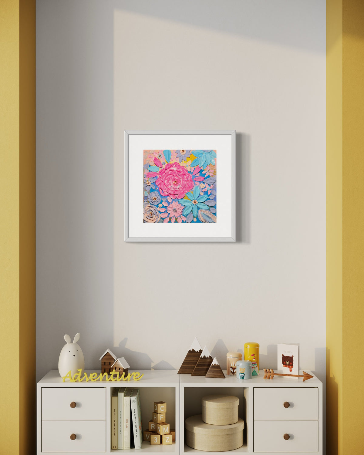Framed square floral artwork with thick pink and purple rose details and blue petals