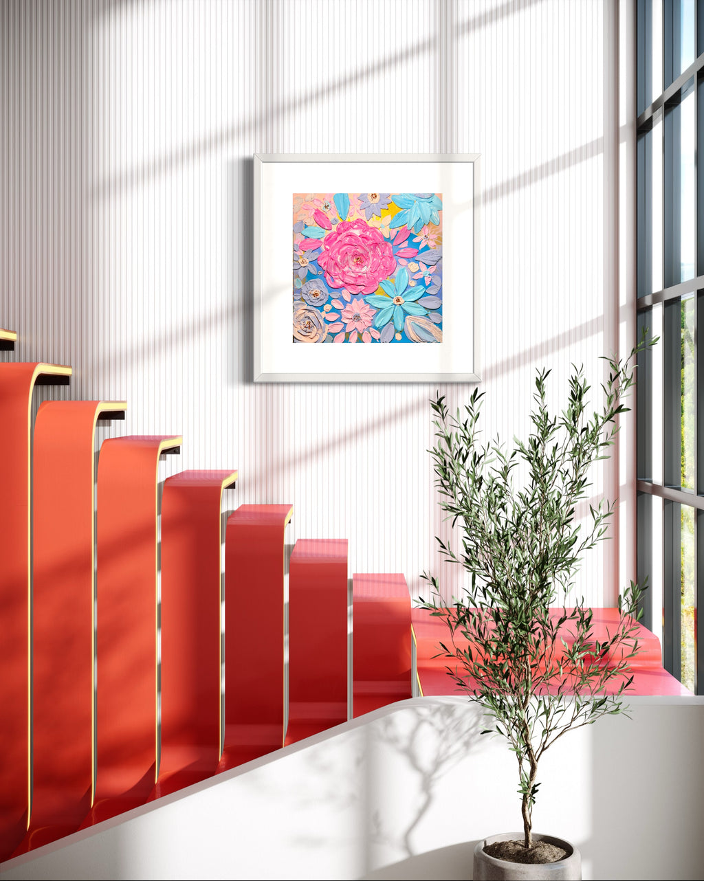 Framed square floral print with thick pink and purple flowers and blue leaves
