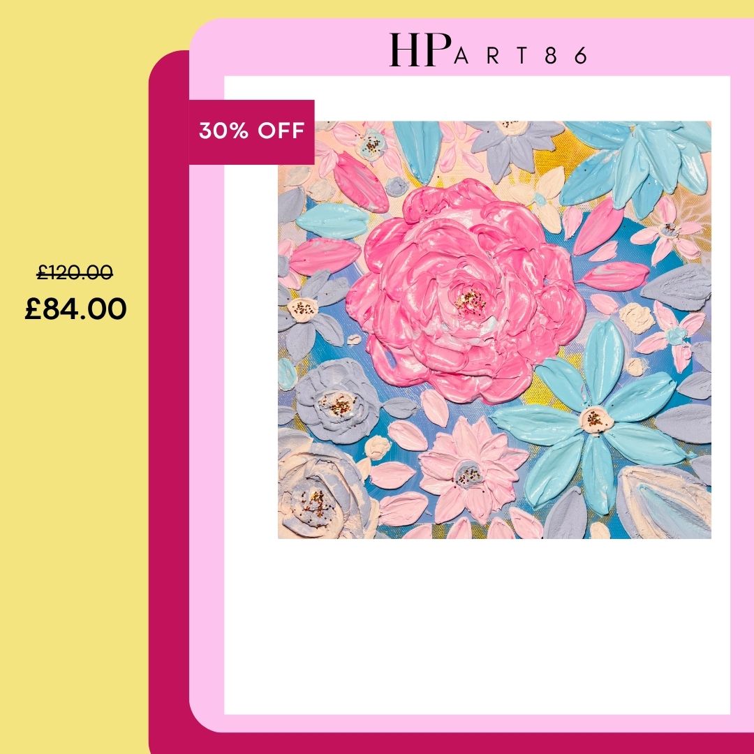 Square floral wall art with thick pink and purple layered flowers on a blue backdrop