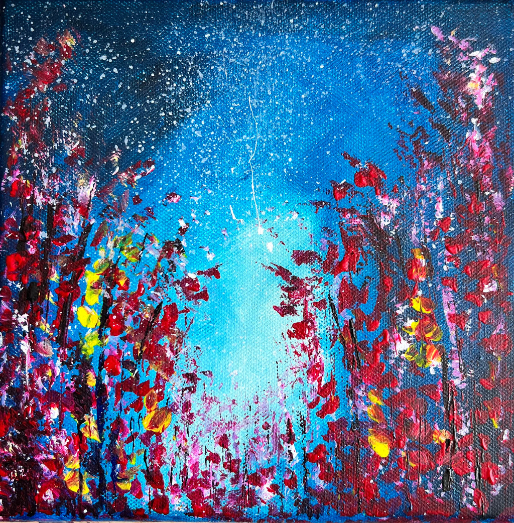 Framed blue night sky canvas with colorful wildflowers and sparkling speckle texture