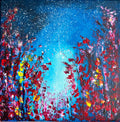 Framed blue night sky canvas with colorful wildflowers and sparkling speckle texture