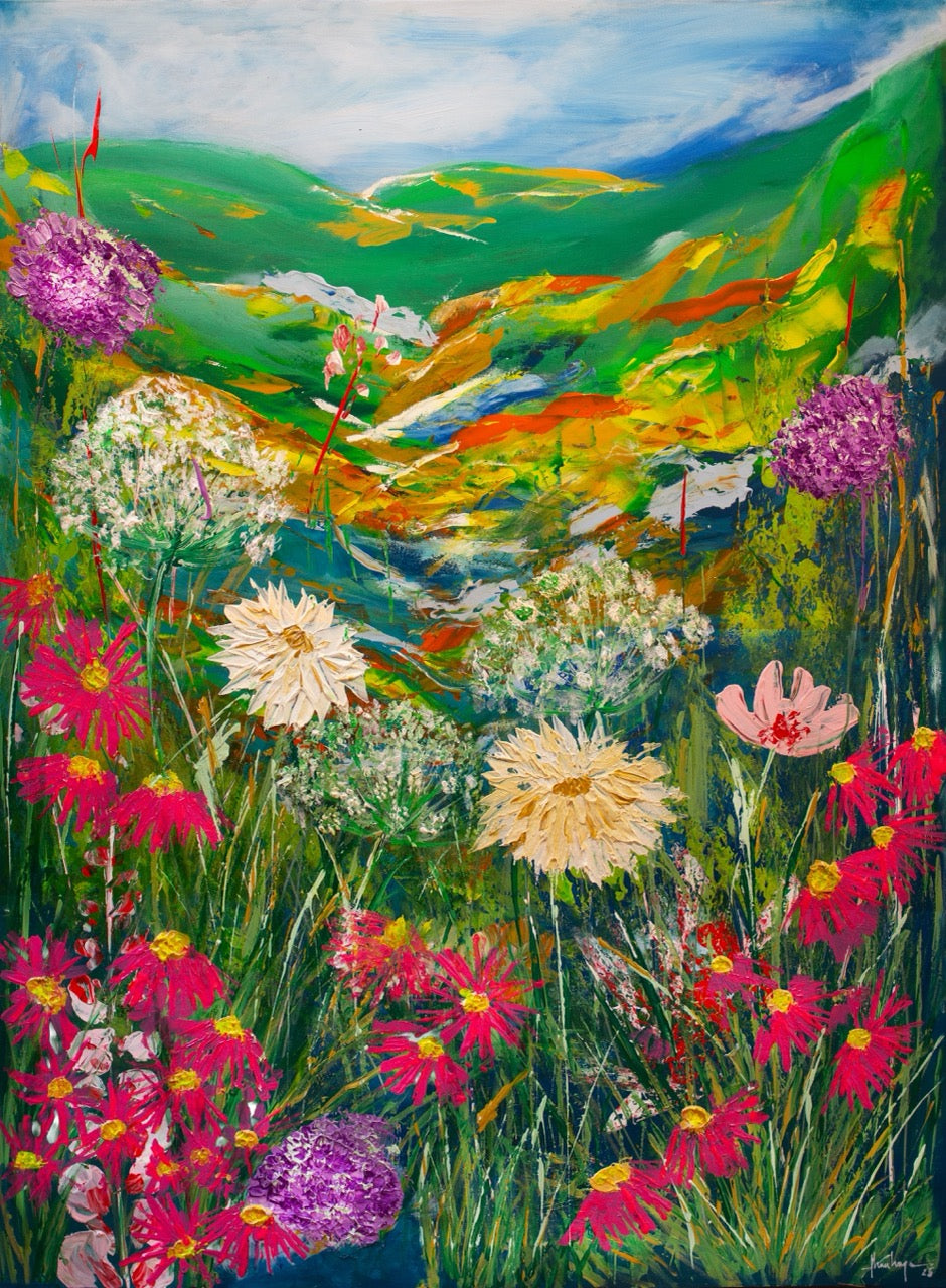 “Valley of Vibrant Blooms” Large texture wildflowers painting