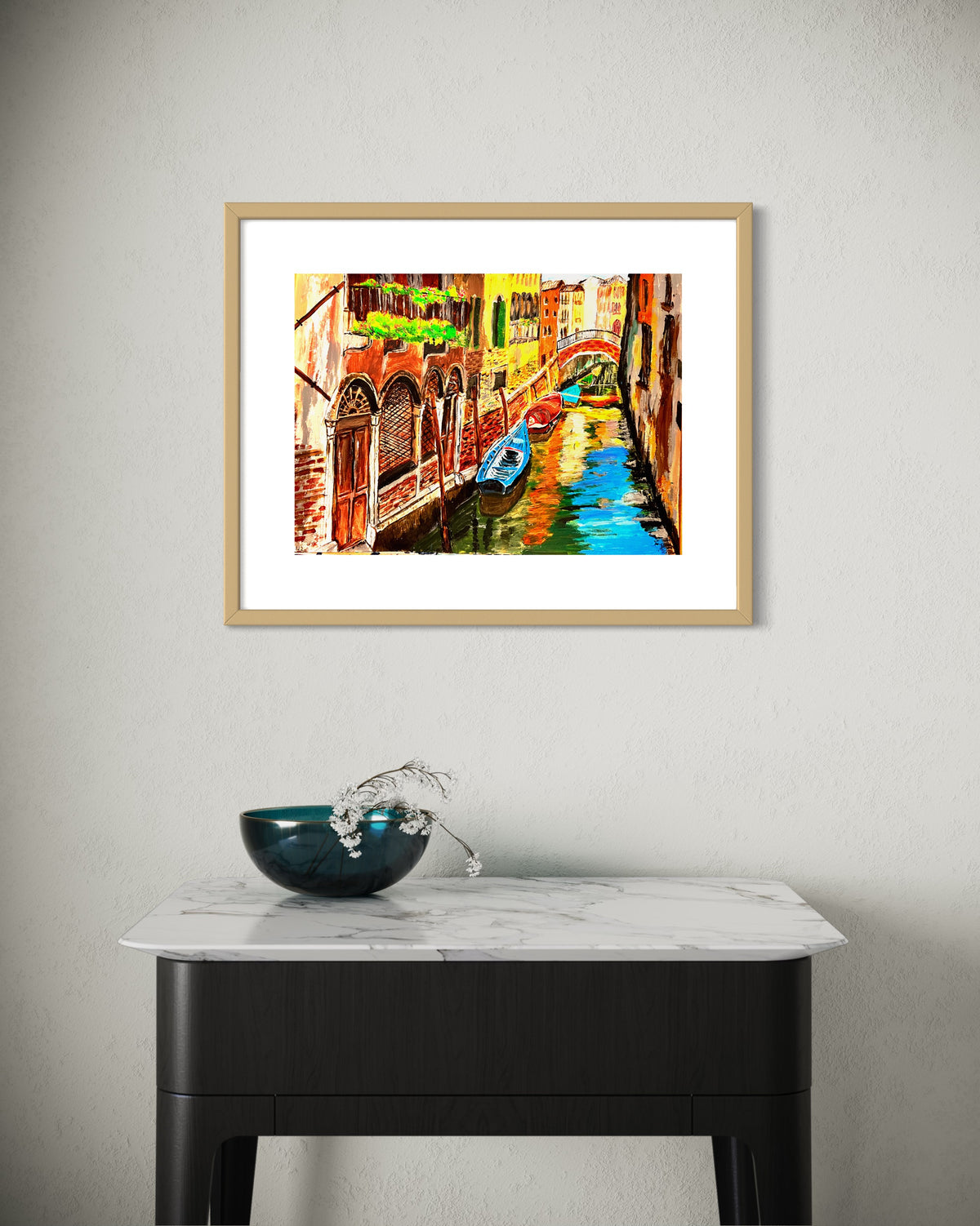 Light wood–framed Venice canal art print with blue gondola on a colorful waterway