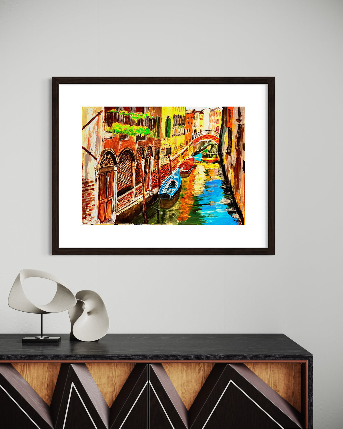 Dark-framed Venice canal wall art with blue gondola and brick arches