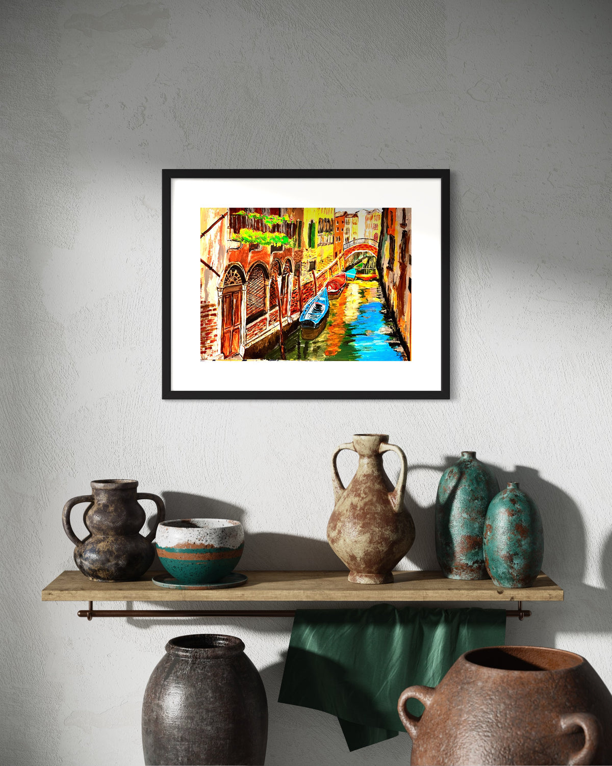 Black-framed Venice canal wall art featuring a blue gondola in a narrow waterway