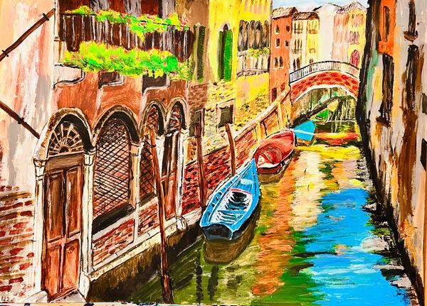 Close-up Venice canal painting with a blue gondola and vivid brick arches