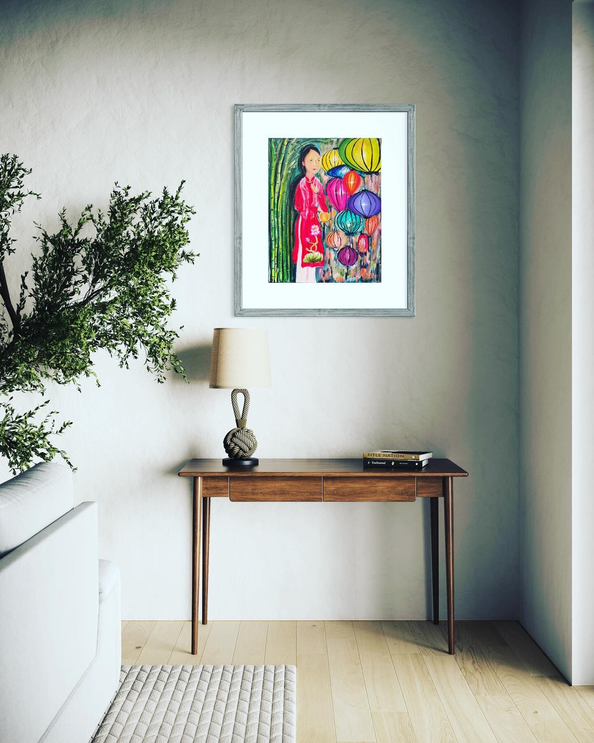 Framed acrylic on canvas painting of a Vietnamese woman in red holding flowers with lanterns