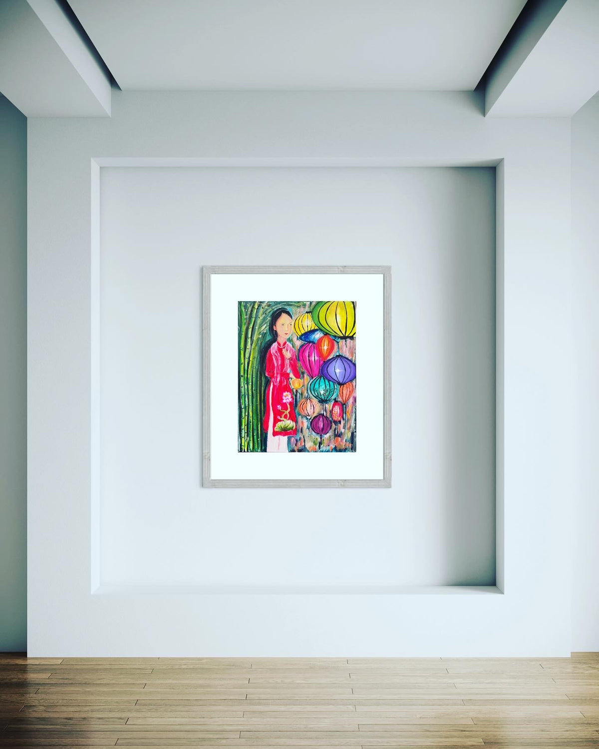 Framed acrylic on canvas painting of a Vietnamese woman in red amid colorful hanging lanterns