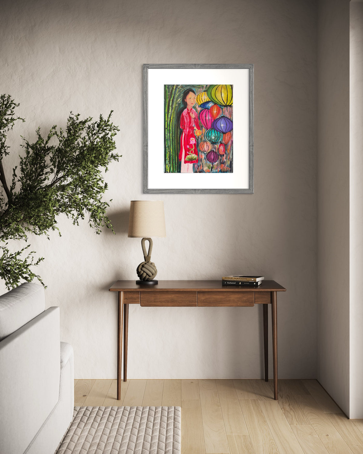 Framed acrylic on canvas painting of a Vietnamese woman in red with colorful lanterns
