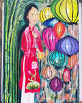 Acrylic on canvas painting of a Vietnamese woman in a red dress with colorful lanterns