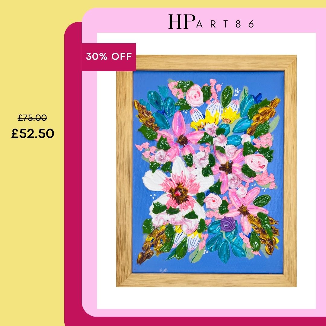Framed heavy textured floral artwork with pink and green flowers in blue center, wood frame