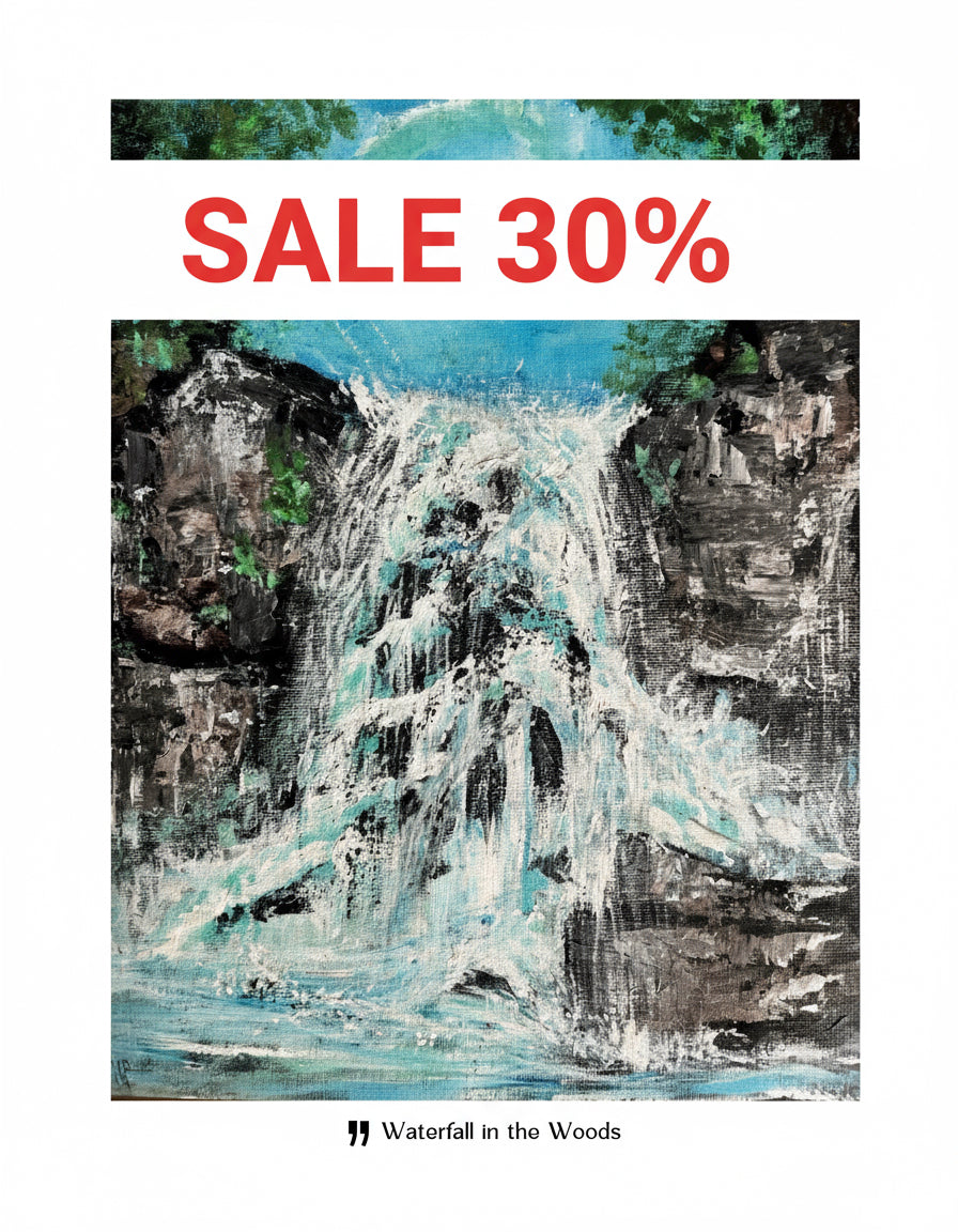 Framed waterfall landscape painting with blue water cascading between dark trees