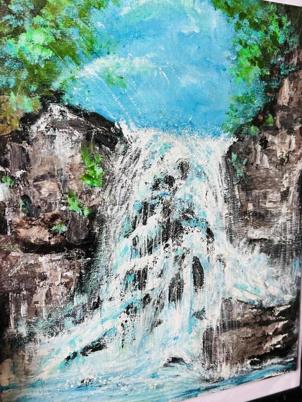 Waterfall abstract painting with teal and white spray against dark rocky trees