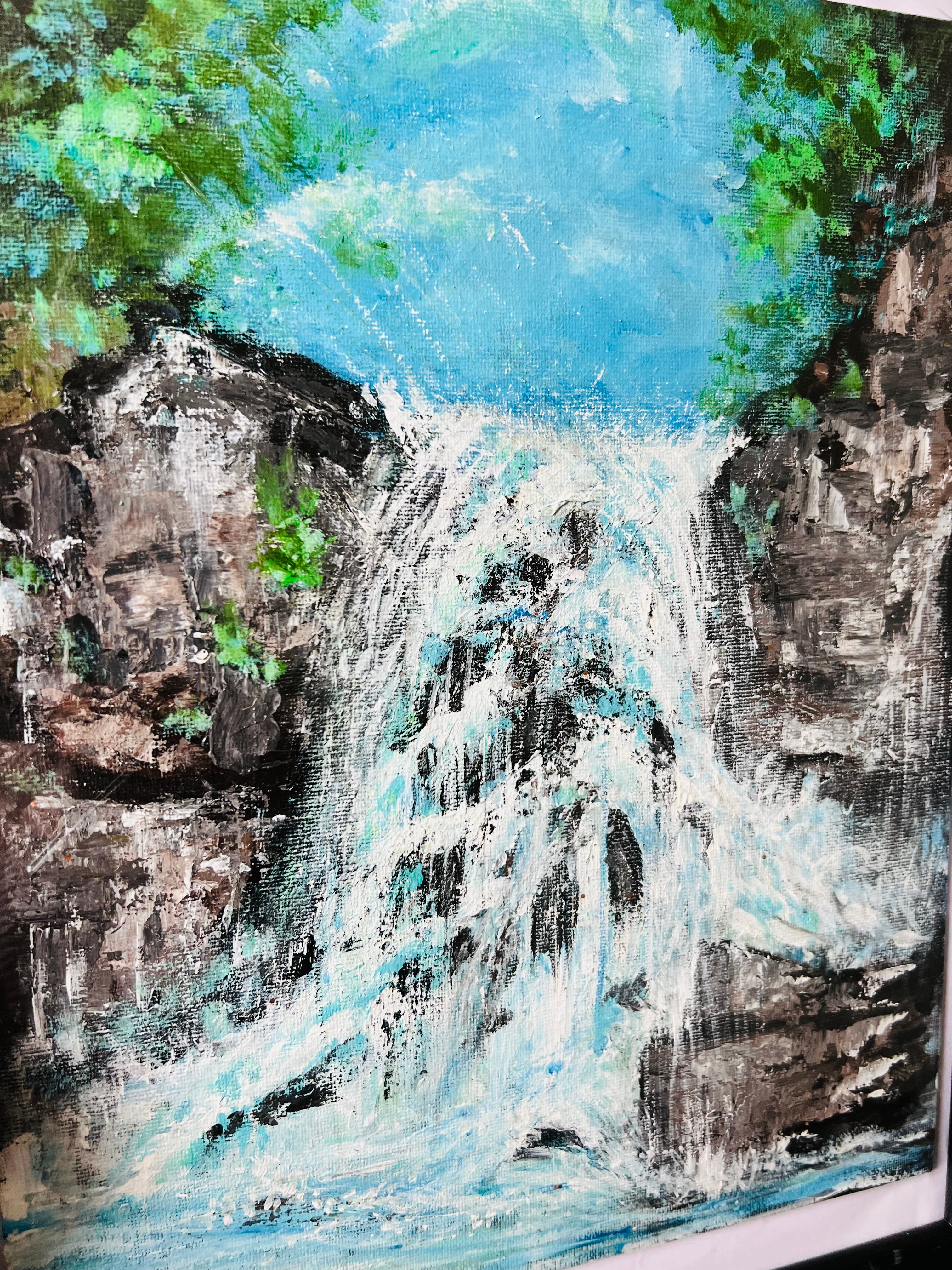 Waterfall abstract painting with teal and white spray against dark rocky trees