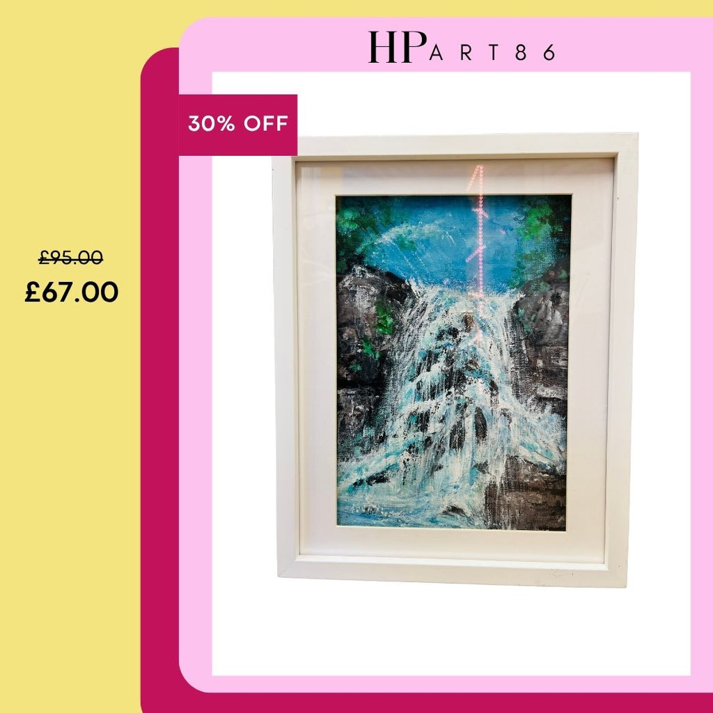 HPART86 framed waterfall painting with blue and white water over dark woods