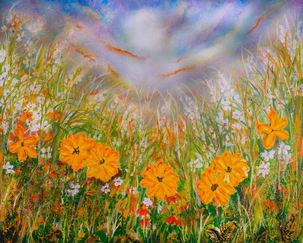 Wildflower landscape canvas with orange flowers, tall green grass, and a blue-purple cloudy sky.