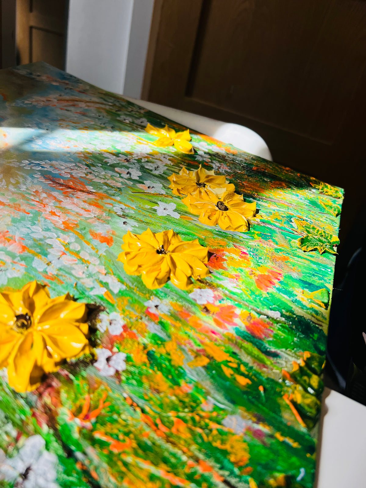 Wildflower canvas detail with large yellow flowers on a green and orange brushstroked field.