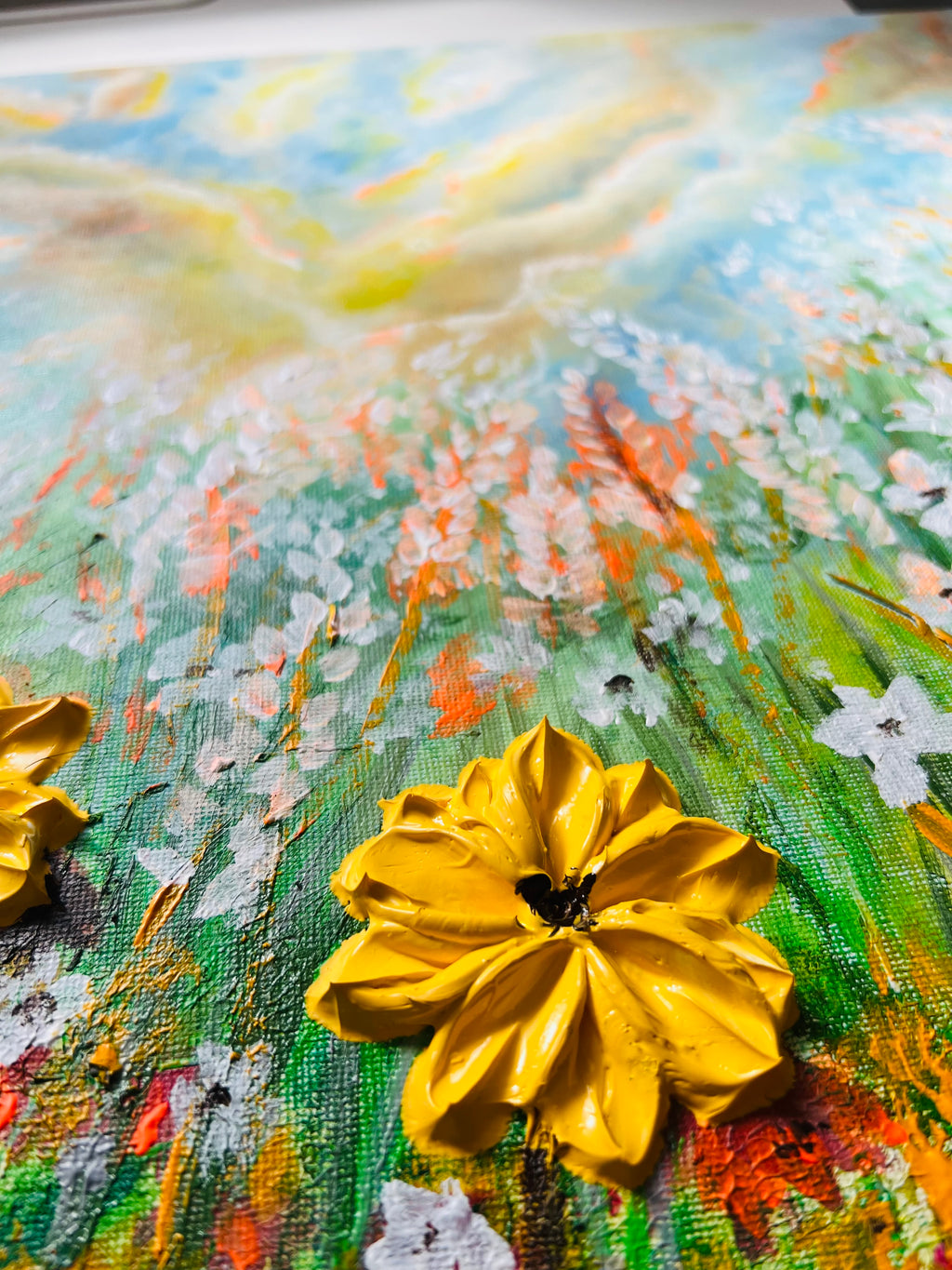 Close-up wildflower canvas with a bold yellow flower on textured green, orange, and blue.