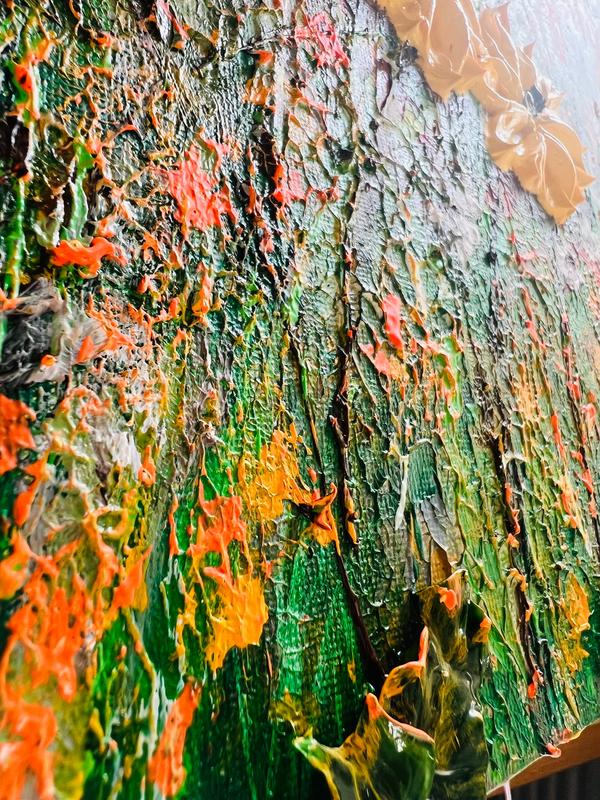 Textured wildflower canvas with orange blooms and green vertical grass strokes on light background.