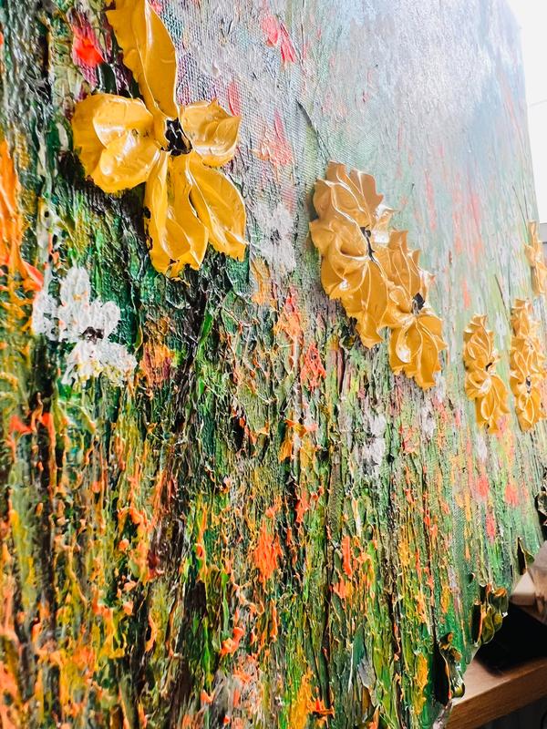 Textured wildflower canvas detail with orange-yellow petals over green and white brushstrokes.