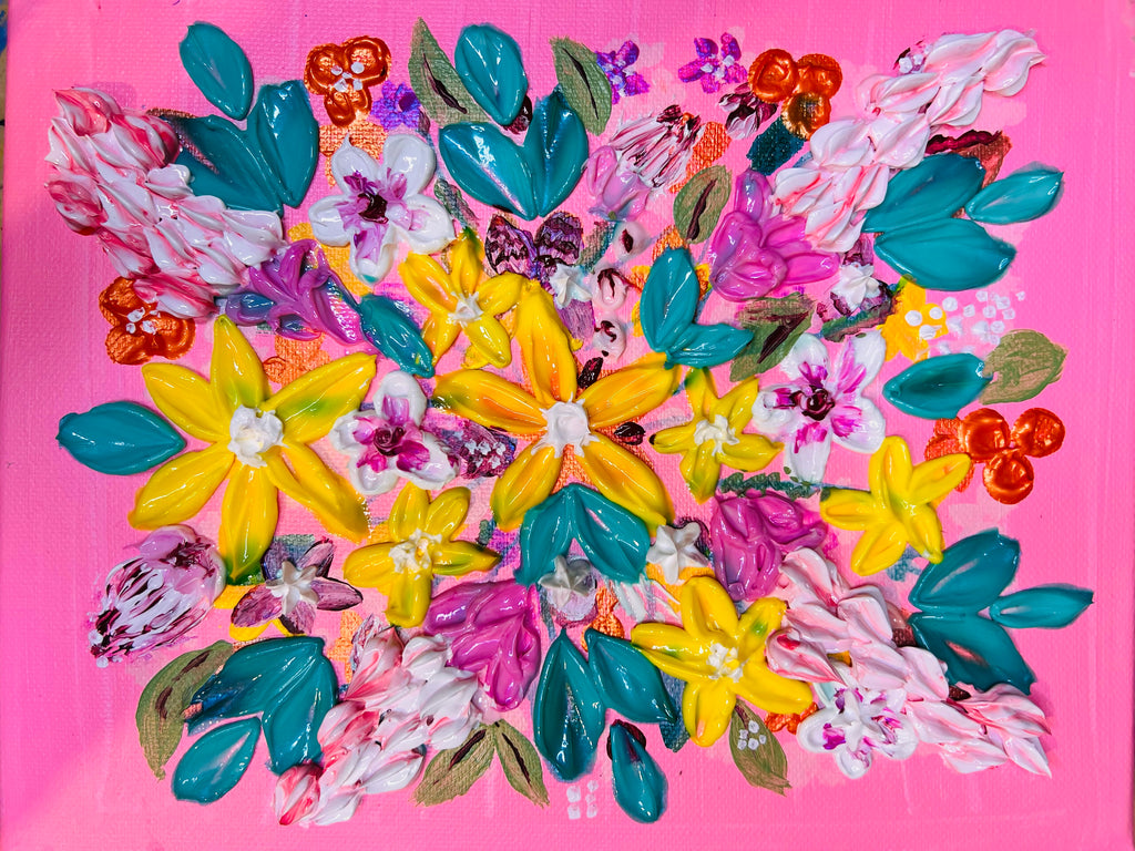 Framed heavy textured floral artwork with teal, yellow, pink blooms on pink background