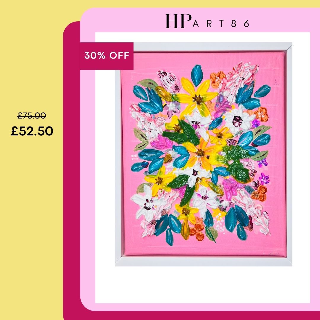 Framed heavy textured floral artwork in a light gray frame with pink background
