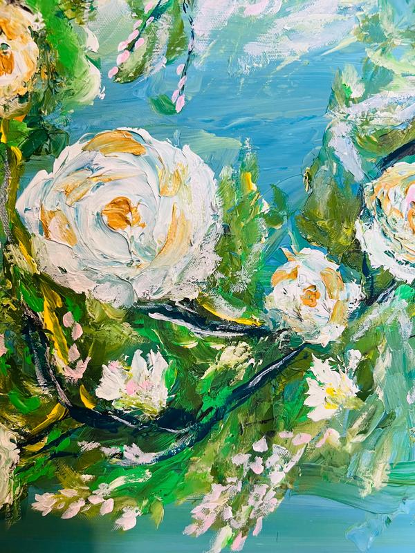 Framed abstract rose artwork with white and yellow blooms over green and blue brushstrokes.