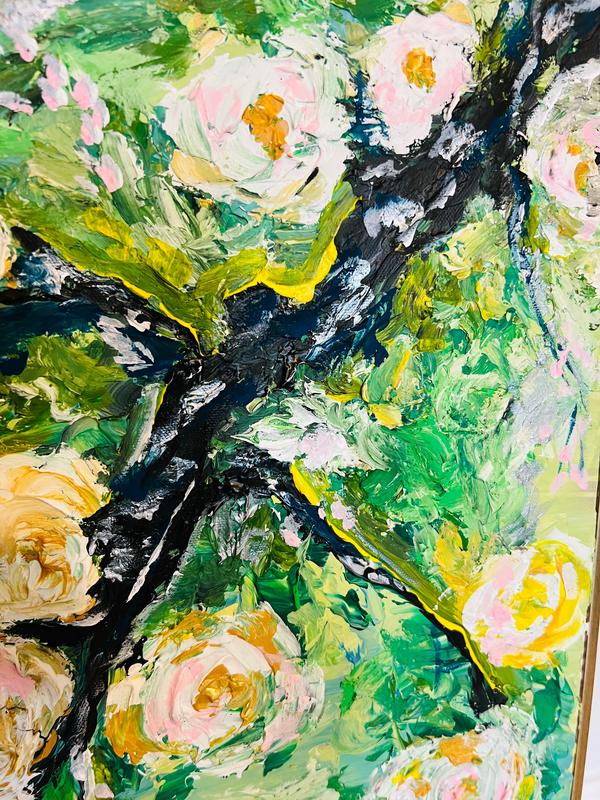 Framed abstract floral painting with dark strokes and green, pink, and yellow roses.