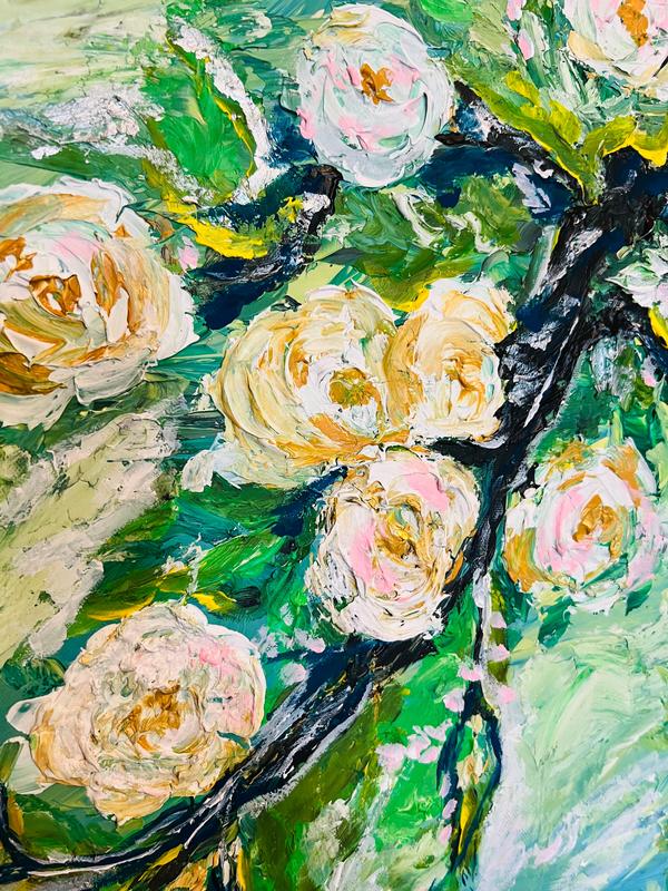 Framed abstract bouquet painting with swirling dark lines and green leaves, pale yellow roses.