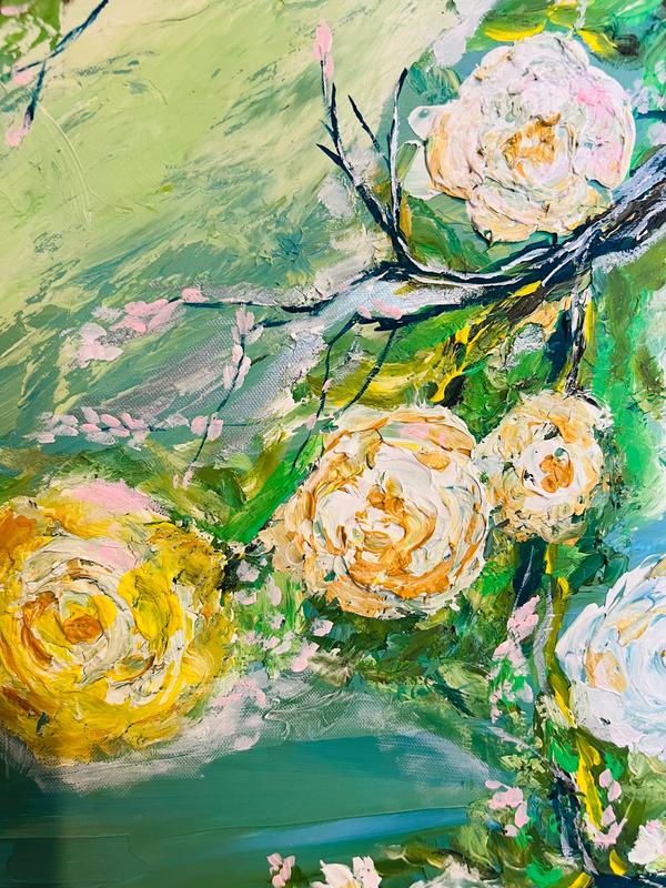 Framed abstract rose painting with green background, pink blossoms, and dark curved branches.
