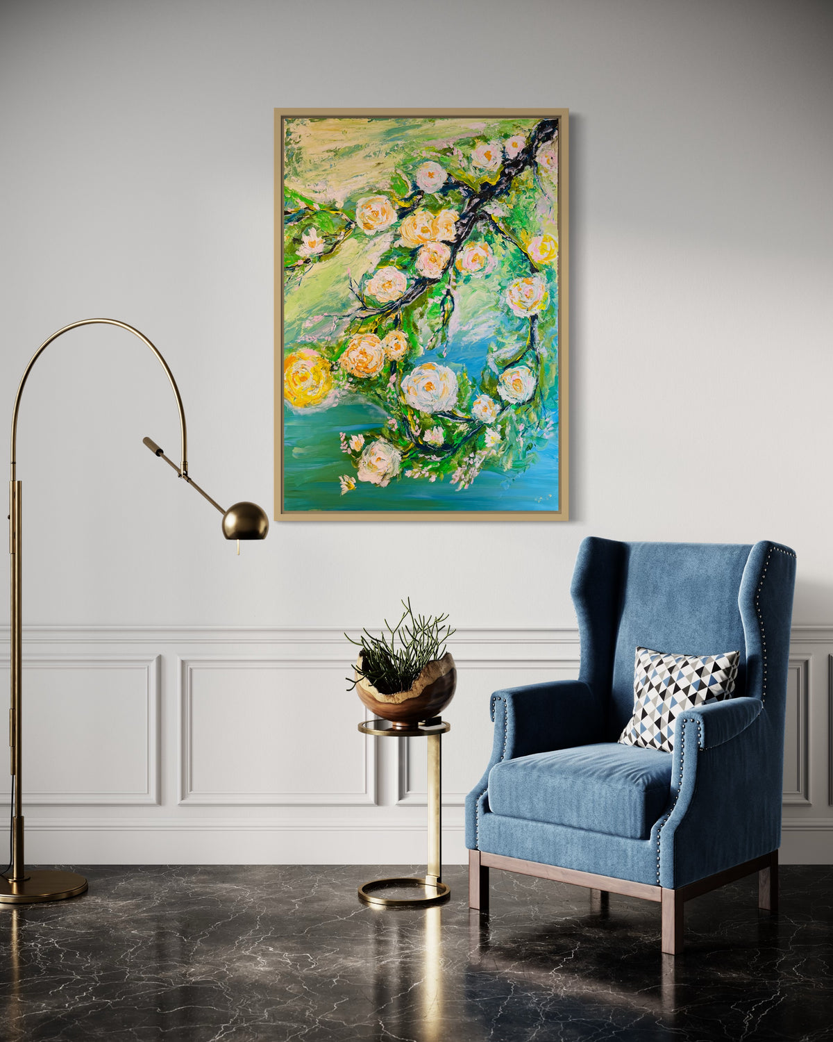 Framed abstract rose wall art in a gold-tone frame with green, teal, and yellow blooms.