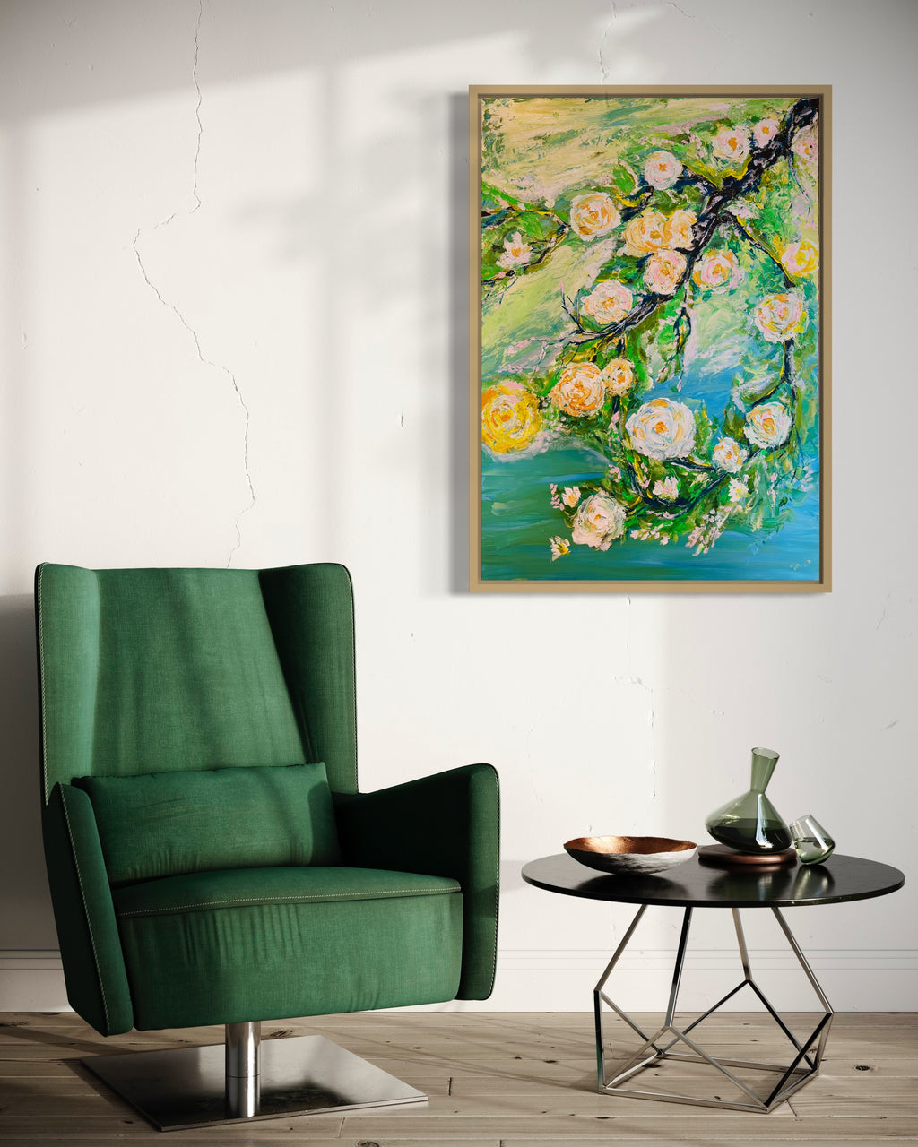 Framed abstract rose painting with green and teal washes and pale white blossoms on dark lines.