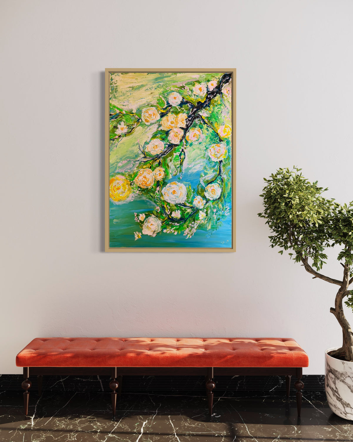 Framed abstract floral painting with teal, green, and yellow roses in a gold-tone frame.