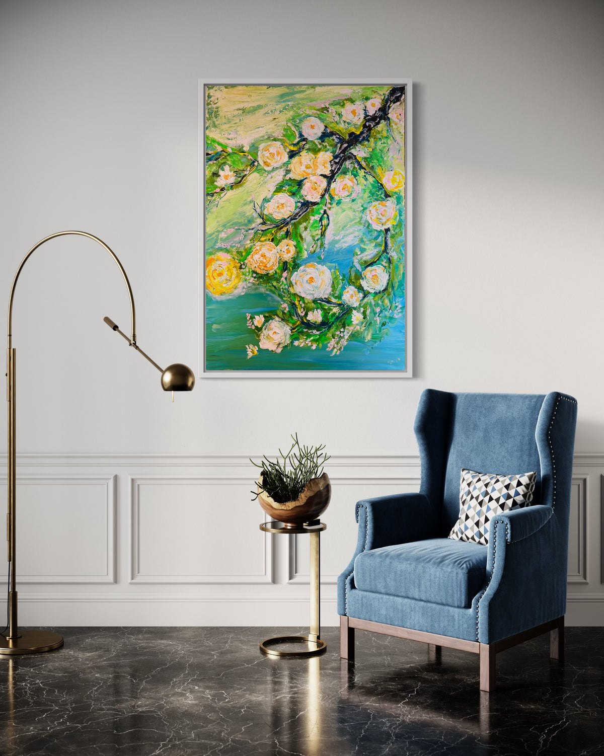 Framed abstract floral painting in a gold-tone frame with green, blue, and yellow roses.
