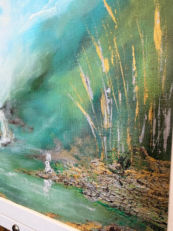 Acrylic painting detail: misty stream and tall green reeds in blue haze