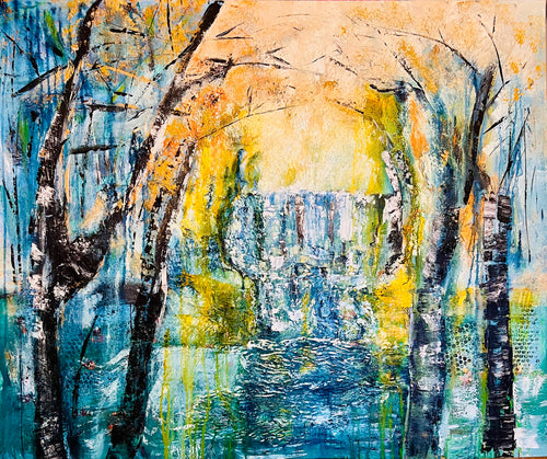 Framed textured landscape painting with blue waterfall scene and birch trees