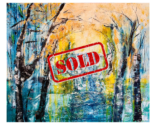 Framed textured landscape painting with blue water, trees, and a red 'SOLD' stamp