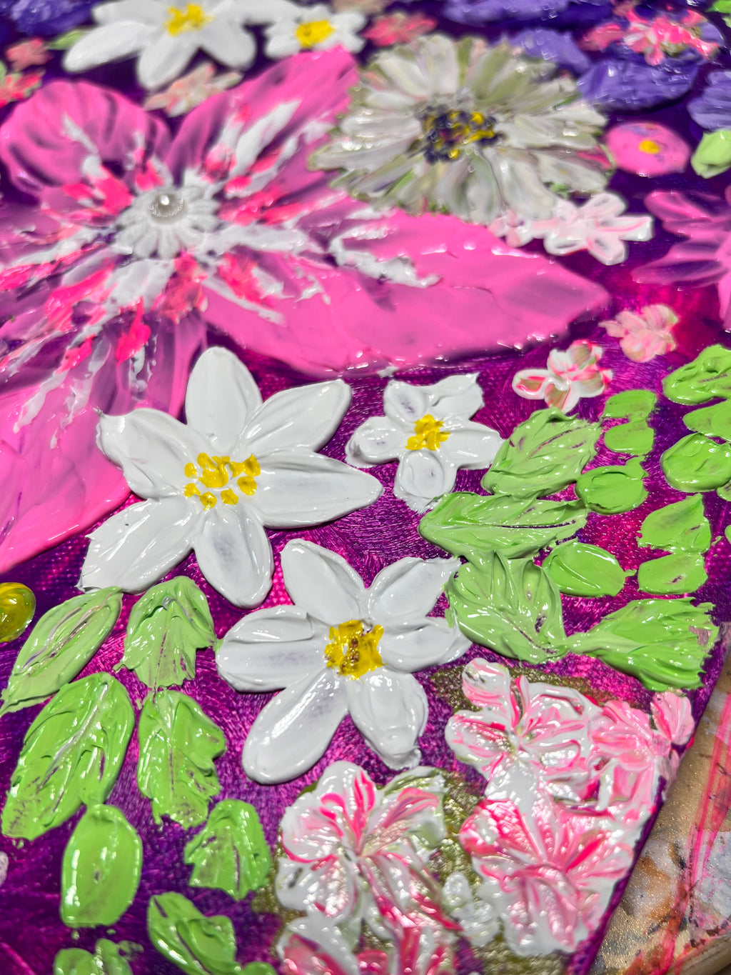 Thick texture floral art with raised white daisies and yellow centers on pink/purple canvas