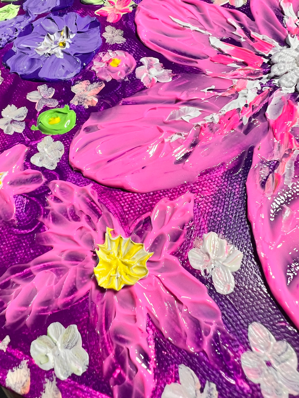 Thick texture floral art with white flowers, green leaves, and pink swirls on purple canvas