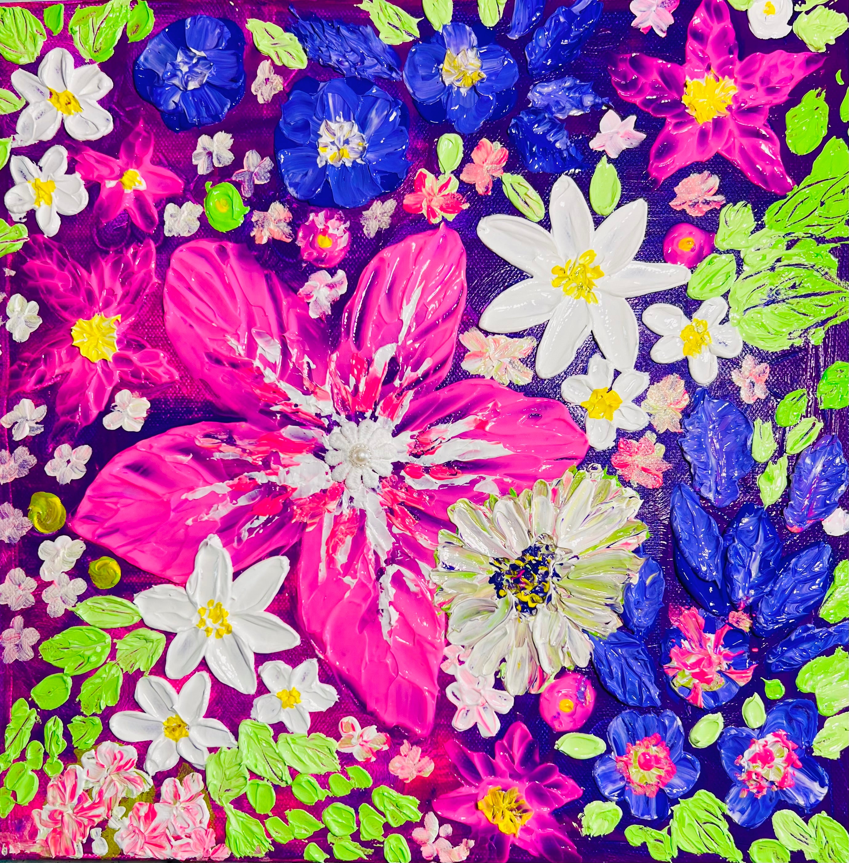 Framed thick texture floral wall art with white daisies, pink and blue petals, neon green leaves