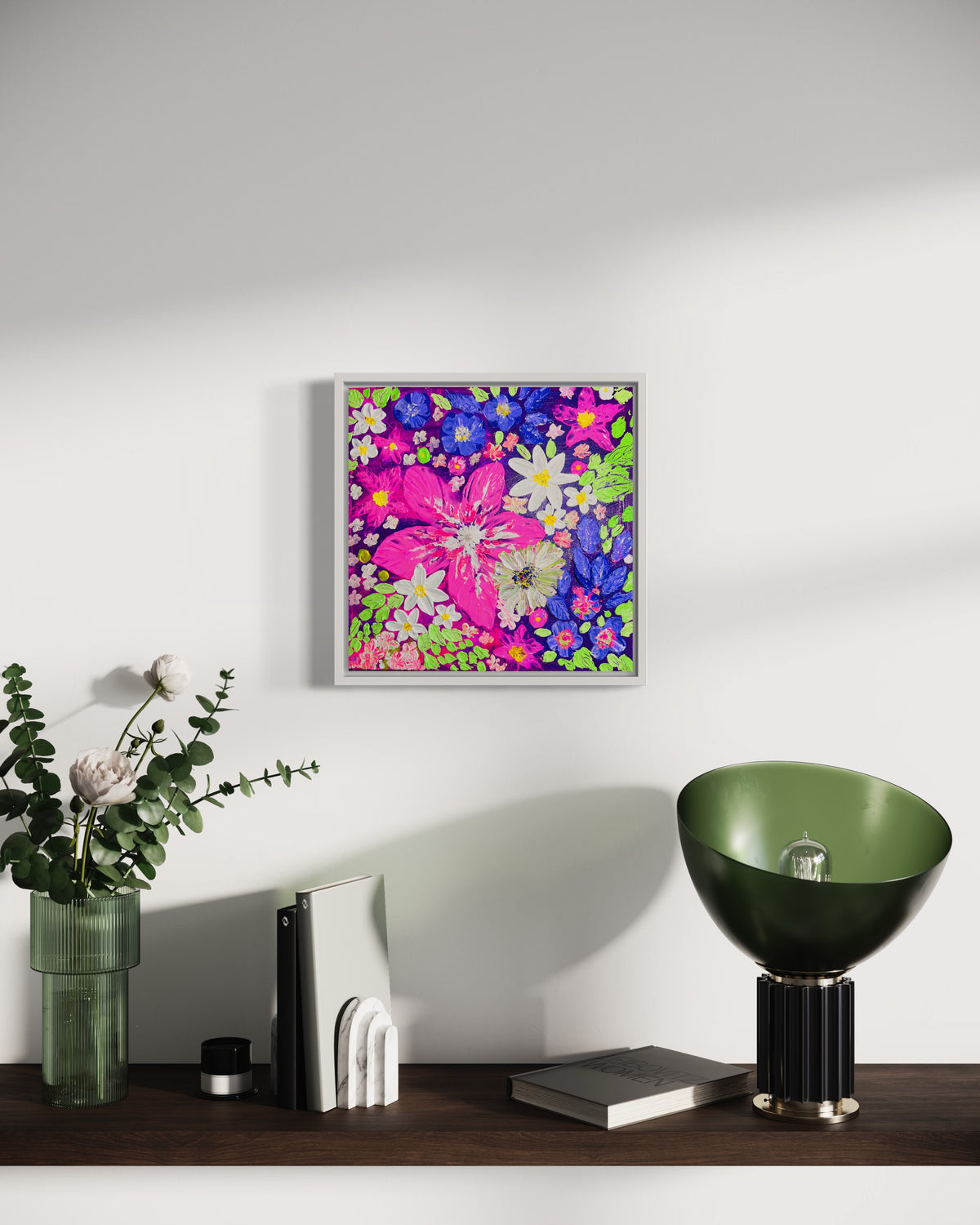 Framed thick texture floral wall art with white daisies and vivid pink, blue, and green flowers