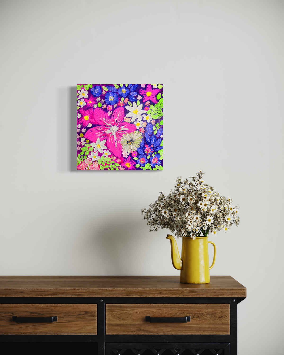Framed thick texture floral wall art featuring white daisies with pink and blue textured petals